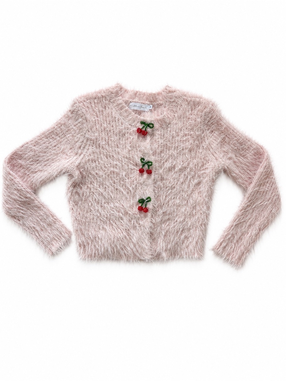 All in Favor Pink Fuzzy Beaded Cherry Cardigan Sweater Size S Coquette